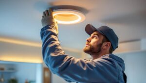 A photograph of a skilled lighting contractor installing recessed lighting rings in a modern home setting