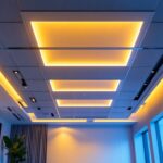 A photograph of a modern interior space featuring sleek led ceiling tiles