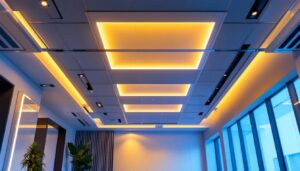 A photograph of a modern interior space featuring sleek led ceiling tiles