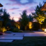 A photograph of a well-lit outdoor space featuring a variety of stylish motion sensor lights in action