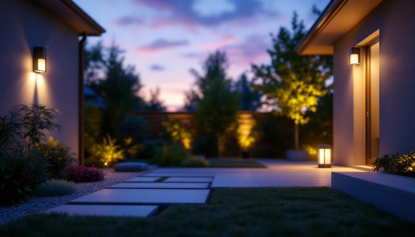 A photograph of a well-lit outdoor space featuring a variety of stylish motion sensor lights in action
