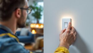 A photograph of a lighting contractor installing a modern wi-fi light switch in a stylish home setting