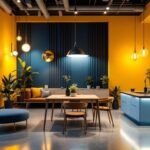 A photograph of a modern lighting design installation in an innovative space