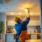 A photograph of a lighting contractor expertly installing energy-efficient led fixtures in a modern residential setting