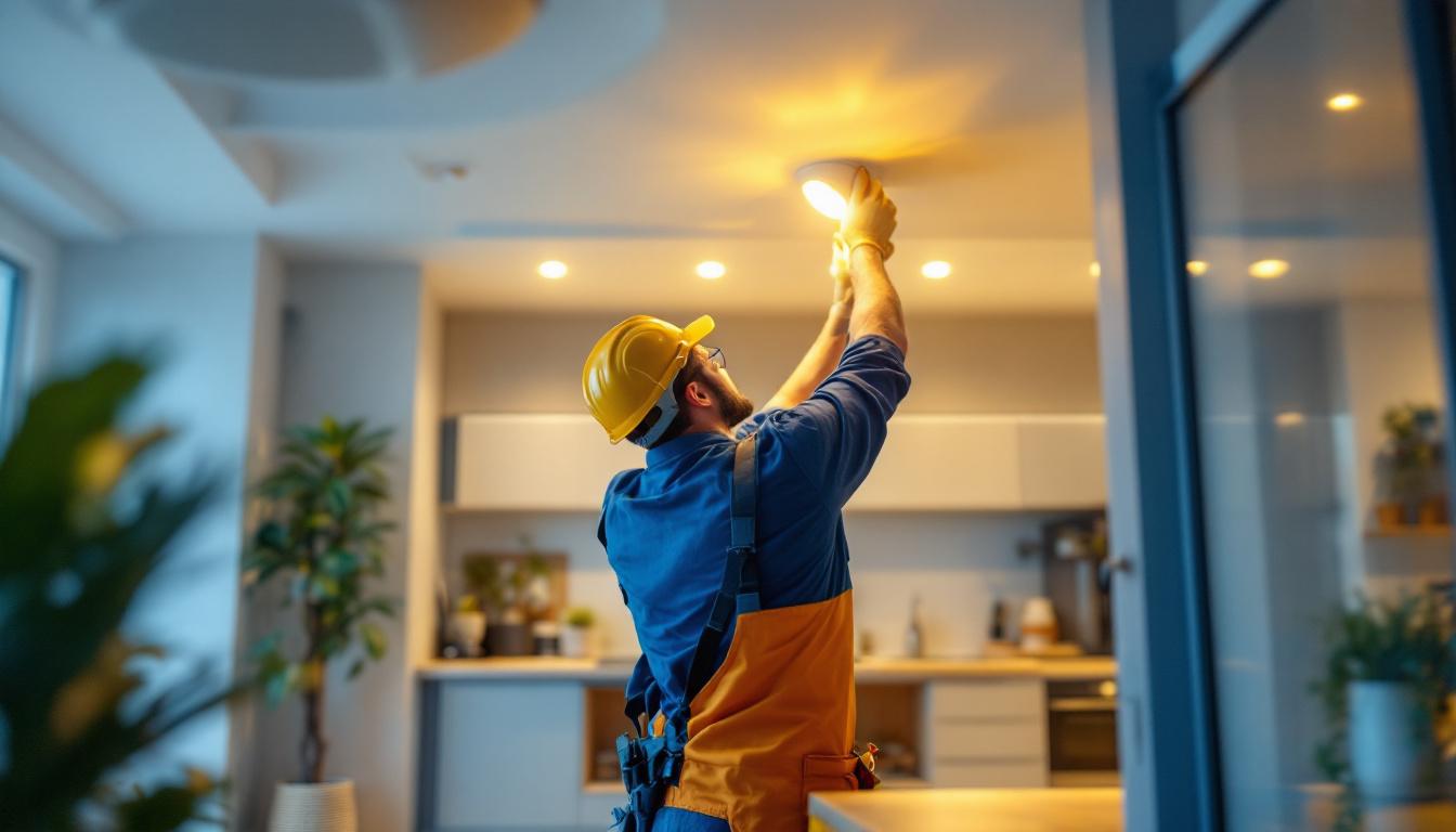 A photograph of a lighting contractor expertly installing energy-efficient led fixtures in a modern residential setting