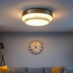 A photograph of a stylish flush mount ceiling light fixture installed in a contemporary living space