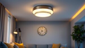 A photograph of a stylish flush mount ceiling light fixture installed in a contemporary living space