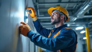 A photograph of a lighting contractor in action