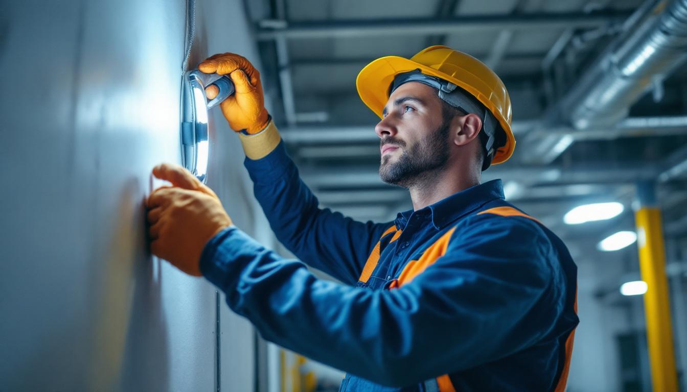 A photograph of a lighting contractor in action