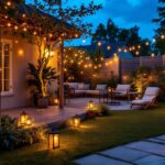 A photograph of a beautifully illuminated backyard space at dusk