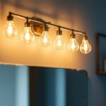 A photograph of a beautifully designed 8 bulb vanity light fixture installed in a stylish bathroom setting