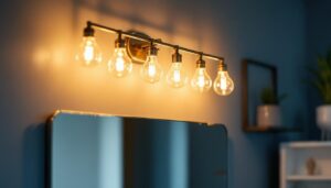A photograph of a beautifully designed 8 bulb vanity light fixture installed in a stylish bathroom setting