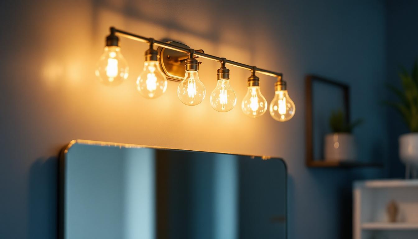 A photograph of a beautifully designed 8 bulb vanity light fixture installed in a stylish bathroom setting
