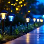 A photograph of a well-lit outdoor scene featuring various styles of waterproof solar lights illuminating a garden or pathway