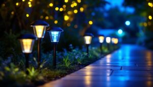 A photograph of a well-lit outdoor scene featuring various styles of waterproof solar lights illuminating a garden or pathway