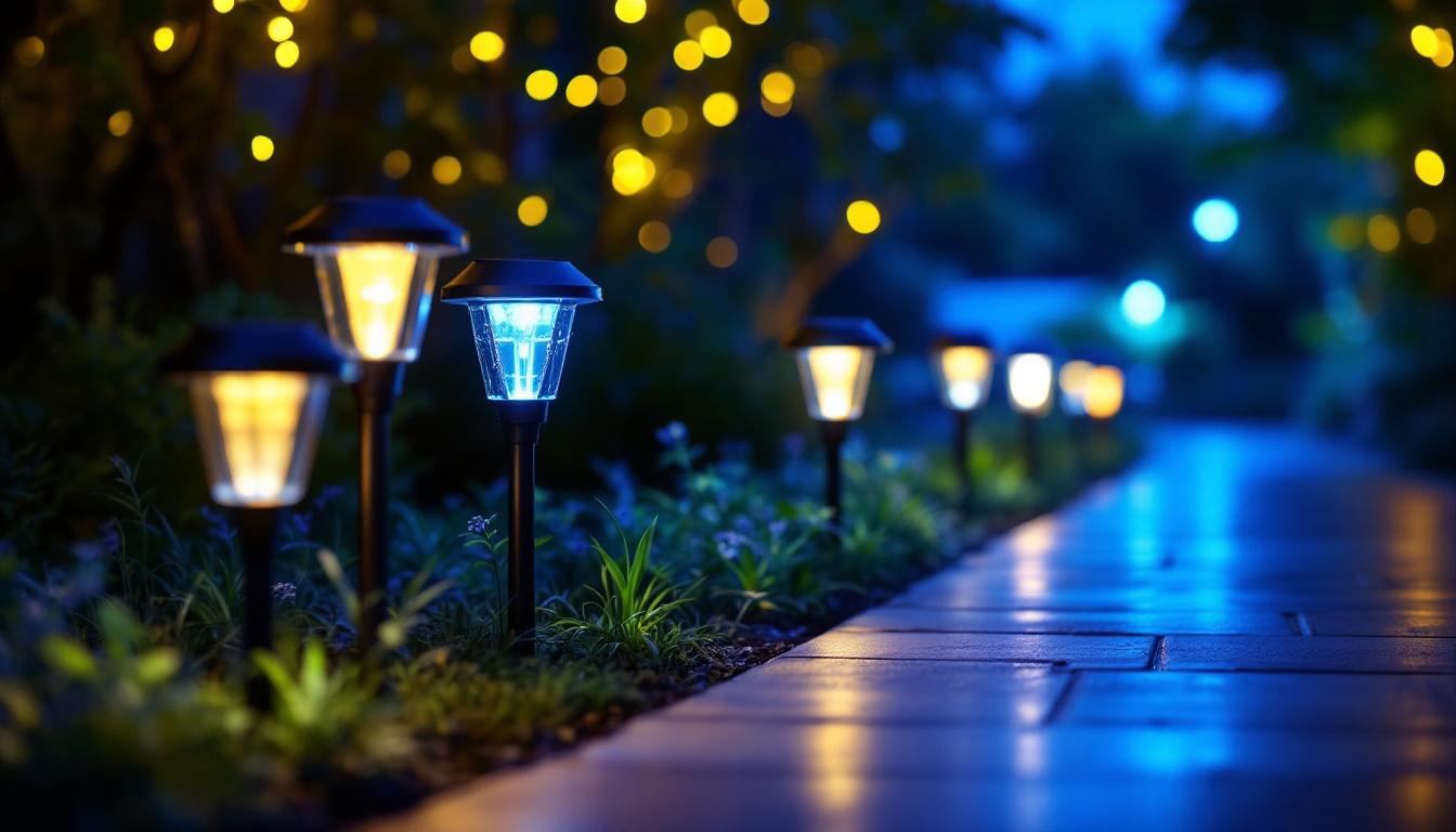 A photograph of a well-lit outdoor scene featuring various styles of waterproof solar lights illuminating a garden or pathway