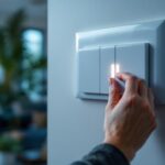 A photograph of a lighting contractor installing an electronic dimmer switch in a modern home setting