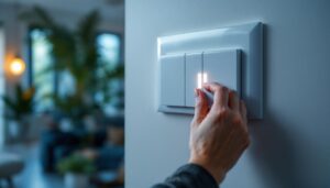 A photograph of a lighting contractor installing an electronic dimmer switch in a modern home setting