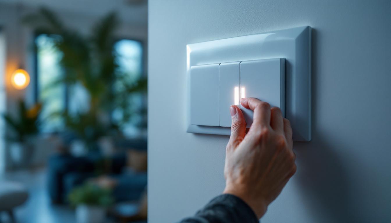 A photograph of a lighting contractor installing an electronic dimmer switch in a modern home setting