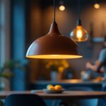 A photograph of a stylish pendant light fixture hanging in a modern kitchen or dining area