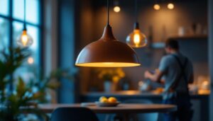 A photograph of a stylish pendant light fixture hanging in a modern kitchen or dining area