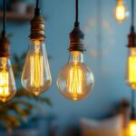 A photograph of a beautifully styled interior scene featuring antique-style bulbs in various fixtures