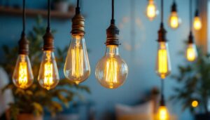 A photograph of a beautifully styled interior scene featuring antique-style bulbs in various fixtures