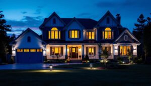 A photograph of a beautifully illuminated house at dusk