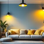 A photograph of a well-lit room showcasing a variety of stylish household lighting fixtures