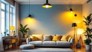 A photograph of a well-lit room showcasing a variety of stylish household lighting fixtures