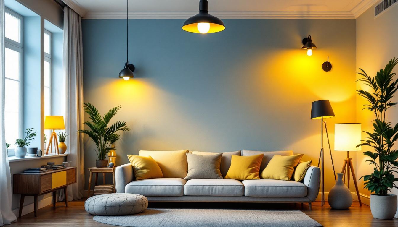 A photograph of a well-lit room showcasing a variety of stylish household lighting fixtures