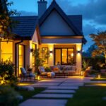 A photograph of a beautifully illuminated outdoor space featuring various styles of exterior led lights