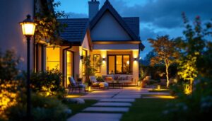 A photograph of a beautifully illuminated outdoor space featuring various styles of exterior led lights