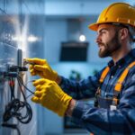 A photograph of a skilled lighting contractor installing a toggle 3-way switch in a modern home setting