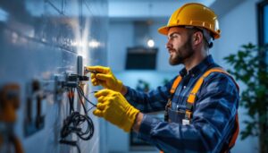 A photograph of a skilled lighting contractor installing a toggle 3-way switch in a modern home setting