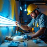 A photograph of a lighting contractor using innovative lighting tape in a visually striking installation