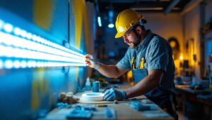A photograph of a lighting contractor using innovative lighting tape in a visually striking installation