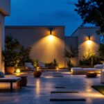 A photograph of a beautifully illuminated outdoor space featuring various stylish outdoor lights that enhance the ambiance and functionality of the area