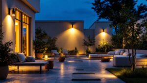 A photograph of a beautifully illuminated outdoor space featuring various stylish outdoor lights that enhance the ambiance and functionality of the area