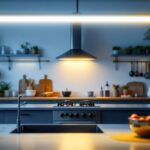 A photograph of a modern kitchen showcasing stylish fluorescent light fixtures that illuminate the space