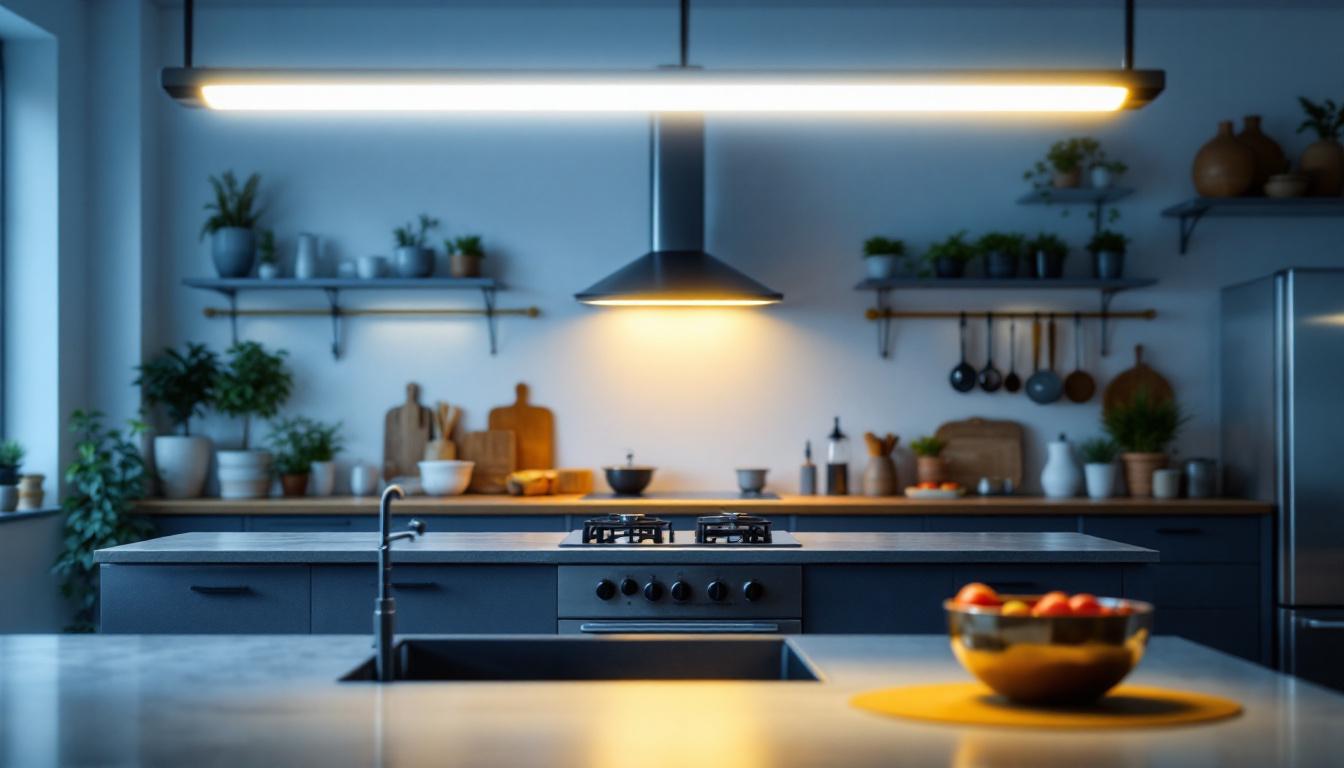 A photograph of a modern kitchen showcasing stylish fluorescent light fixtures that illuminate the space