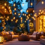 A photograph of a beautifully illuminated outdoor space featuring a variety of decorative string lights