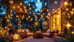 A photograph of a beautifully illuminated outdoor space featuring a variety of decorative string lights