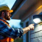 A photograph of a lighting contractor installing a motion-sensitive security light on a residential property