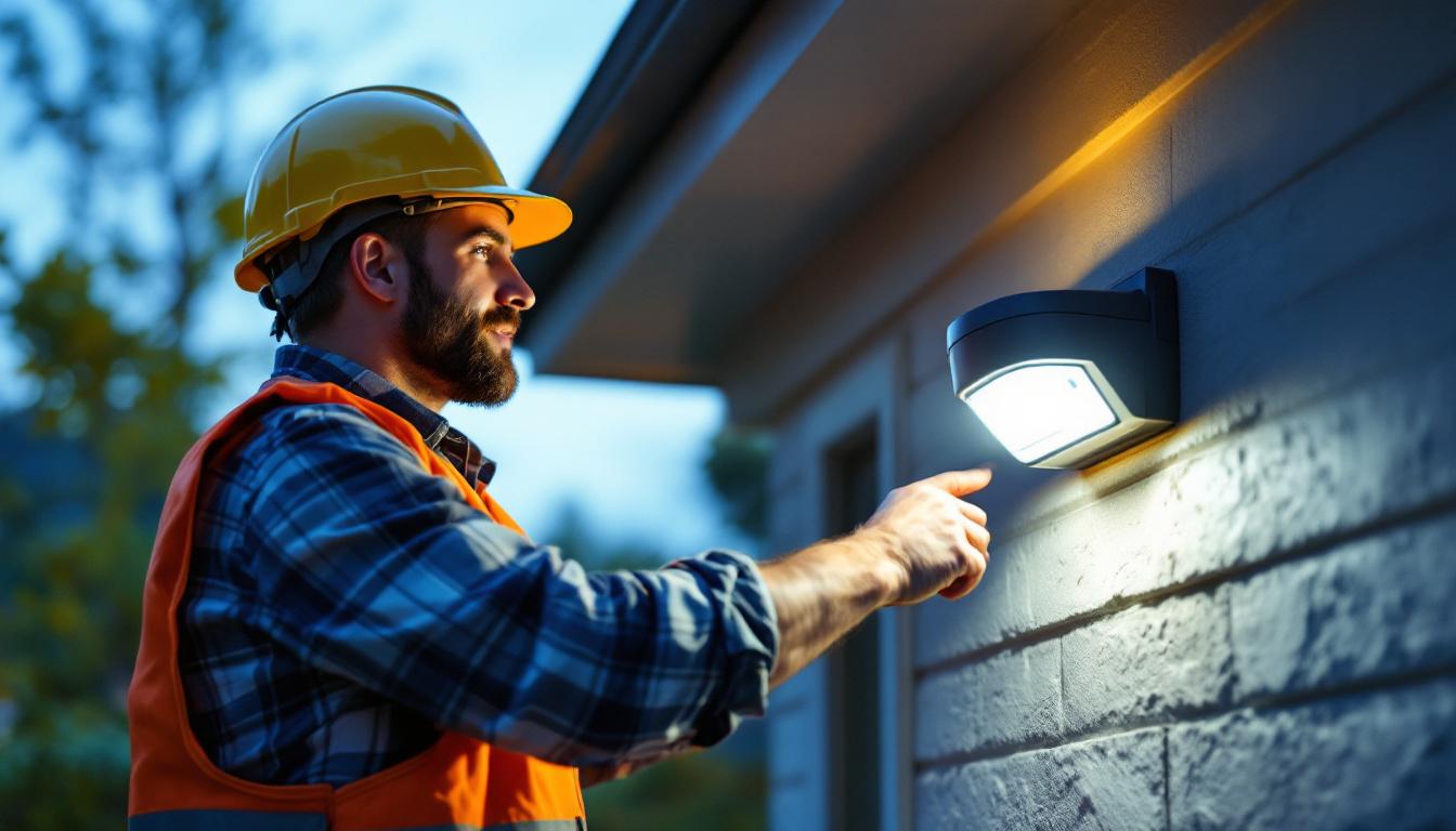 A photograph of a lighting contractor installing a motion-sensitive security light on a residential property