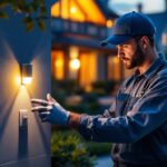 A photograph of a skilled lighting contractor installing an outdoor light sensor switch in a beautifully landscaped garden