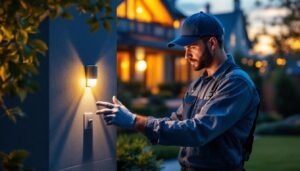 A photograph of a skilled lighting contractor installing an outdoor light sensor switch in a beautifully landscaped garden