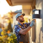 A photograph of a lighting contractor installing or inspecting a wrap-around light cover in a residential or commercial setting