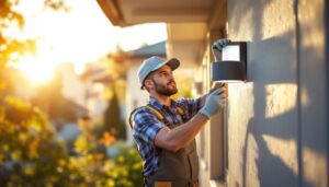 A photograph of a lighting contractor installing or inspecting a wrap-around light cover in a residential or commercial setting