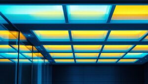 A photograph of a modern drop ceiling installation featuring sleek recessed lights
